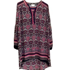 Umgee Flowy Boho Tunic Dress with Long Sleeves and High-Low Hemline -- M
